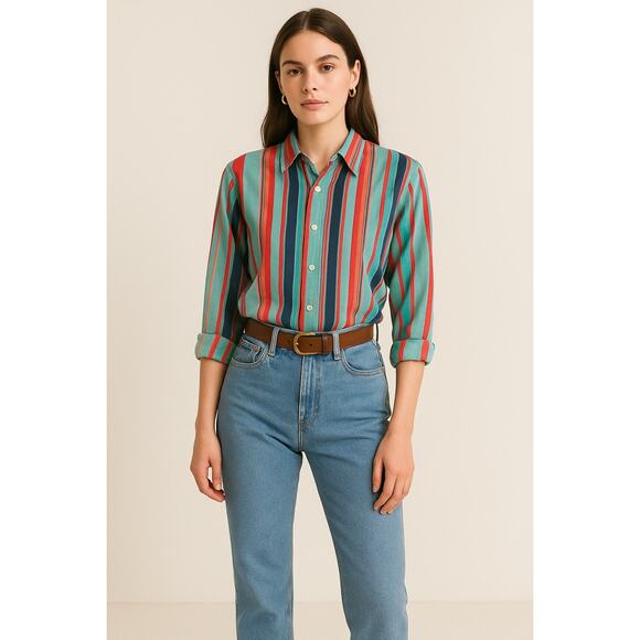 Vintage Ralph Lauren Women’s LRL Cotton Striped Button Down Shirt Large Teal - Picture 1 of 11